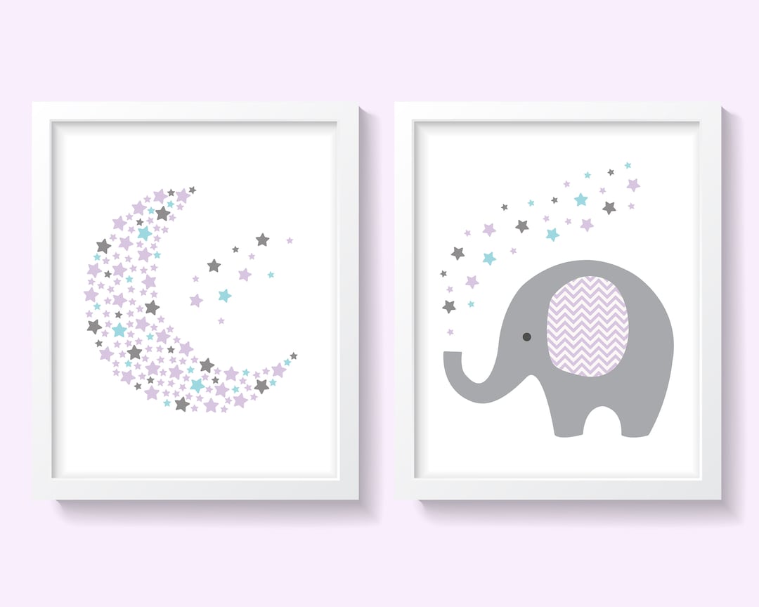 Baby Elephant Moon Stars Nursery Wall Decor, Girl Nursery Wall Art ...