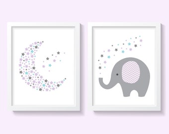 Baby Elephant Moon Stars Nursery Wall Decor, Girl Nursery Wall Art, Elephant Moon Stars Nursery Art, Gray Lavender Elephant Nursery Décor