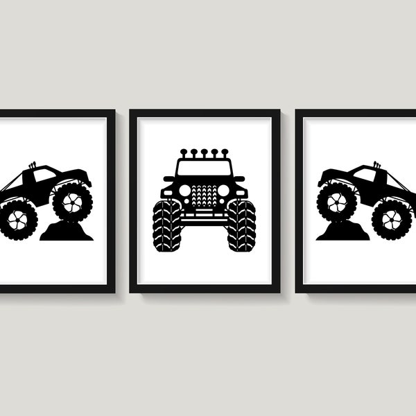 Monster Trucks Wall Art, Trucks Wall Decor, Black and White Nursery, Boy Nursery Decor, Boy's Bedroom Decor, Kid's Monster Trucks Wall Art