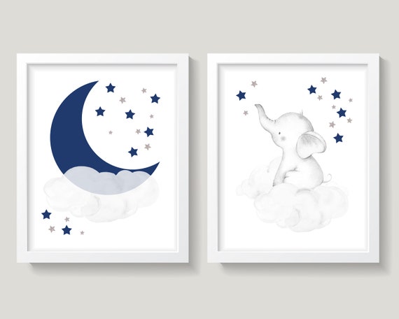 Elephant Nursery Wall Decor, Navy Blue Gray Nursery Decor, Moon and Stars Nursery, Cloud and Stars Nursery, Baby Boy Nursery Wall Art Decor