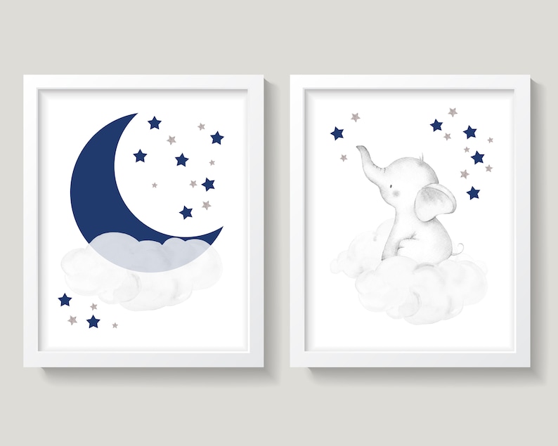 Elephant Nursery Wall Decor Navy Blue Gray Nursery Decor Etsy
