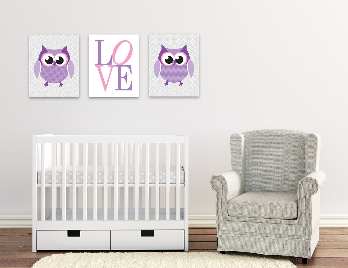 Owl Nursery Wall Art Decor Girl Owl Nursery Decor Purple Etsy