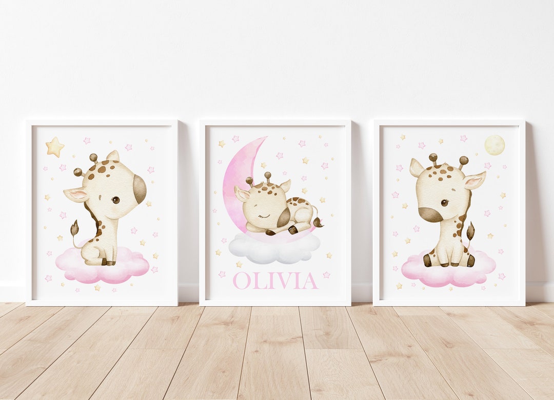 Giraffe Nursery Wall Decor, Moon and Stars Nursery Art, Pink Baby Girl