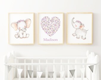 Set of 3 Baby Elephant Personalized Nursery Wall Decor, Lavender Lilac Gray Nursery Decor, Baby Girl Nursery, Floral Boho Nursery Wall Decor