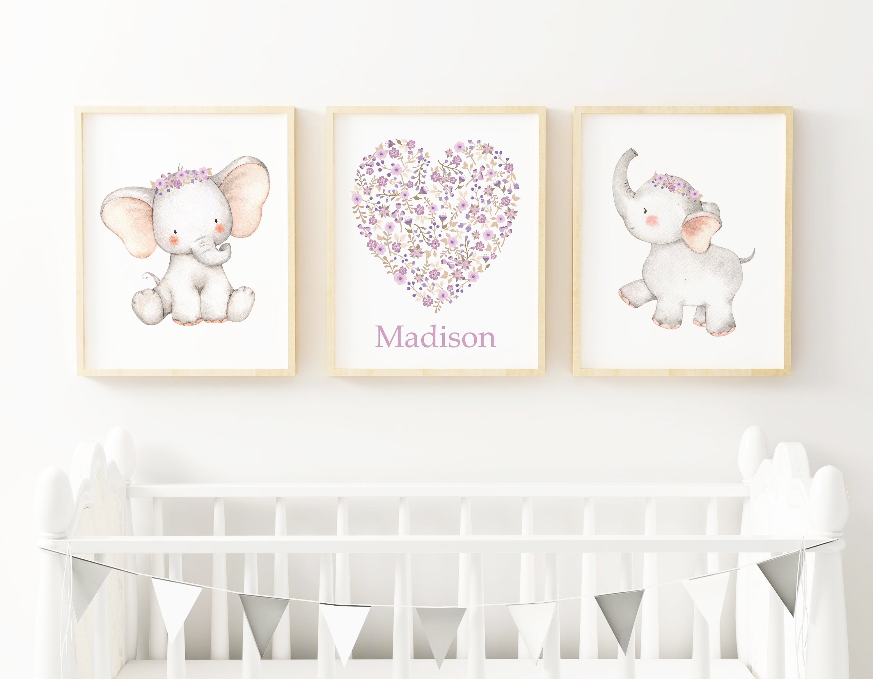 Set of 3 Baby Elephant Personalized Nursery Wall Decor, Lavender Lilac ...