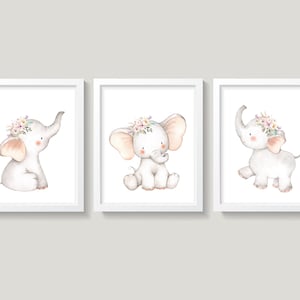 Set of 3 Baby Elephants Nursery Wall Decor, Baby Girl Nursery Decor, Boho Elephants Nursery Wall Art, Floral Boho Nursery Decor