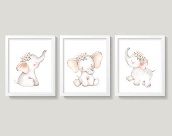 Set of 3 Baby Elephants Nursery Wall Decor, Baby Girl Nursery Decor, Boho Elephants Nursery Wall Art, Floral Boho Nursery Decor