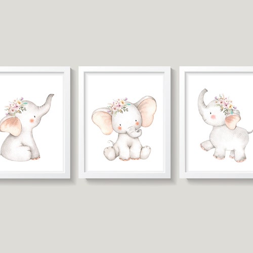 Set of 3 Baby Elephants Nursery Wall Decor Baby Girl Nursery Etsy