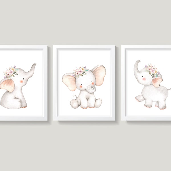 Set of 3 Baby Elephants Nursery Wall Decor, Baby Girl Nursery Decor, Boho Elephants Nursery Wall Art, Floral Boho Nursery Decor