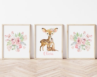 Deer Nursery Wall Decor, Deer Nursery Art Prints, Baby Girl Nursery Decor, Pink Floral Nursery Art, Forest Animal Art, Personalized Name