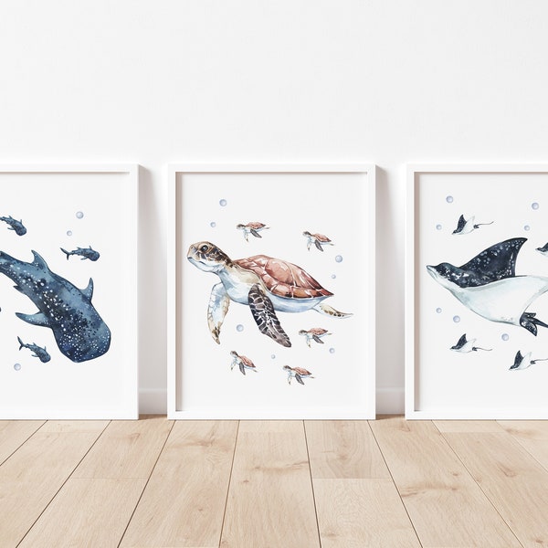 Sea Animals Nursery Art, Ocean Nursery Wall Decor, Nautical Nursery Art, Boy Nursery Decor, Whale Shark Art Print, Sea Turtle Art Print