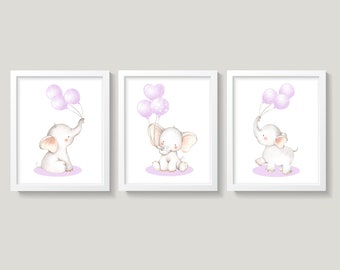 Set of 3 Elephants Nursery Wall Decor, Elephant With Balloons Nursery Art, Lavender Lilac Nursery Decor, Baby Girl Elephants Wall Decor