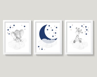 Safari Animals Nursery Wall Decor, Elephant Giraffe Nursery Art, Moon and Stars Decor, Cloud and Stars, Baby Boy Navy Blue and Gray Nursery