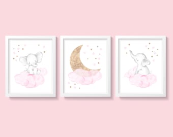 Elephant Nursery Wall Decor, Pink Gray Gold Nursery Decor, Moon and Stars Nursery, Cloud and Stars Nursery, Baby Girl Pink Elephant Nursery