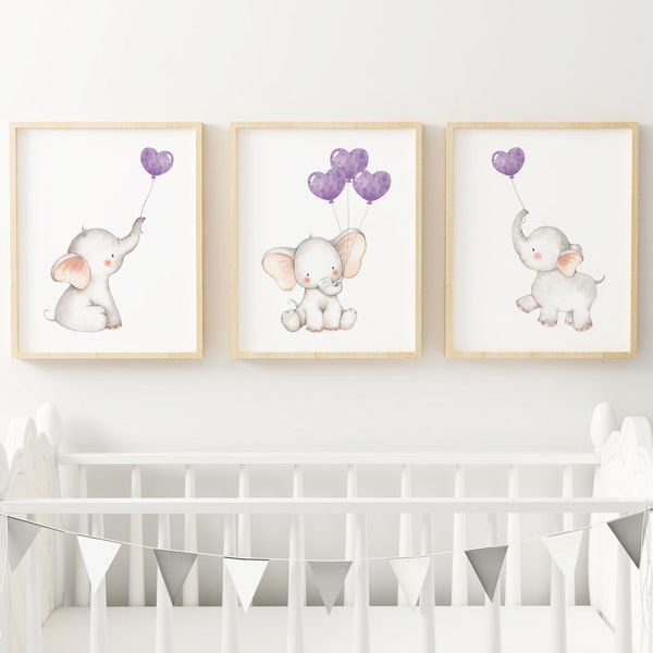 Set of 3 Baby Elephants Holding Purple Balloons Nursery Wall Decor, Purple Gray Watercolor Wall Art, Nursery Wall Art, Baby Girl Room Décor
