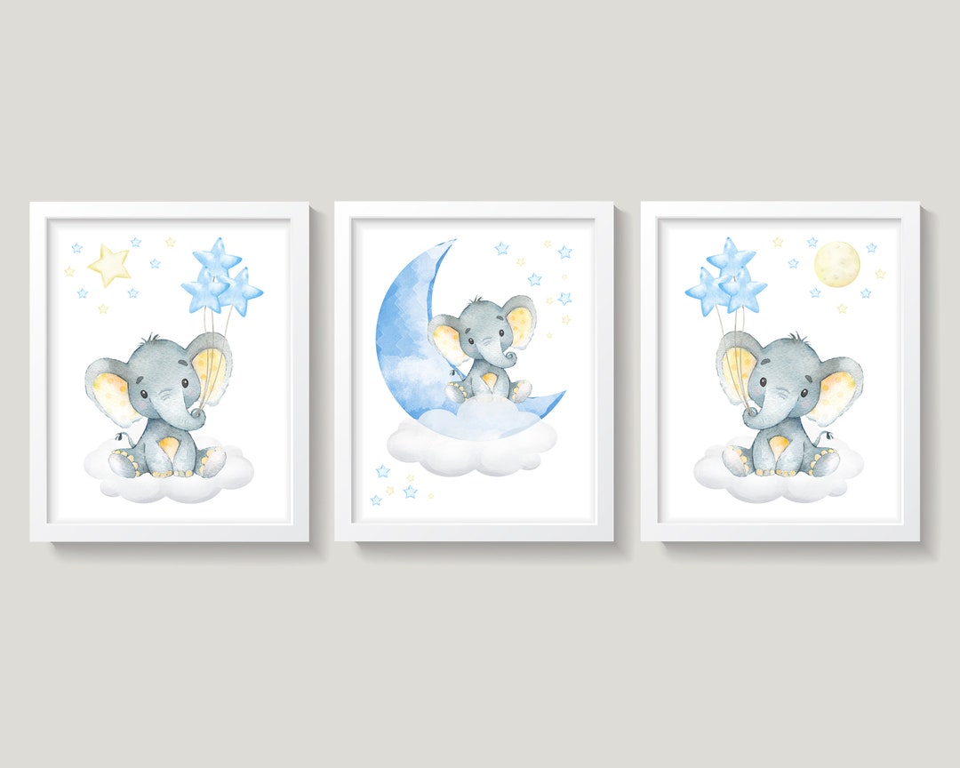 Elephant Nursery Wall Decor, Baby Boy Nursery Decor, Moon and Stars