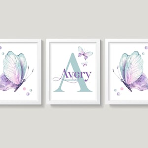 Butterfly Nursery Wall Art, Butterflies Nursery Wall Decor, Purple and Mint Nursery, Baby Girl Nursery Wall Decor, Baby Name Wall Art image 1