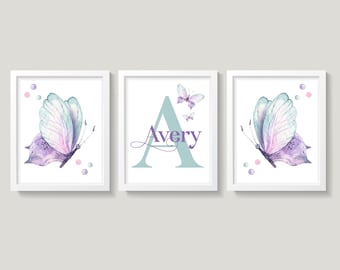 Butterfly Nursery Wall Art, Butterflies Nursery Wall Decor, Purple and Mint Nursery, Baby Girl Nursery Wall Decor, Baby Name Wall Art