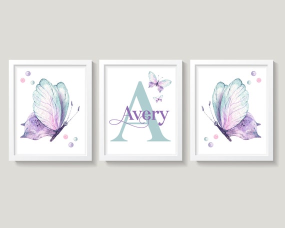 Butterfly Nursery Wall Art, Butterflies Nursery Wall Decor, Purple and Mint Nursery, Baby Girl Nursery Wall Decor, Baby Name Wall Art