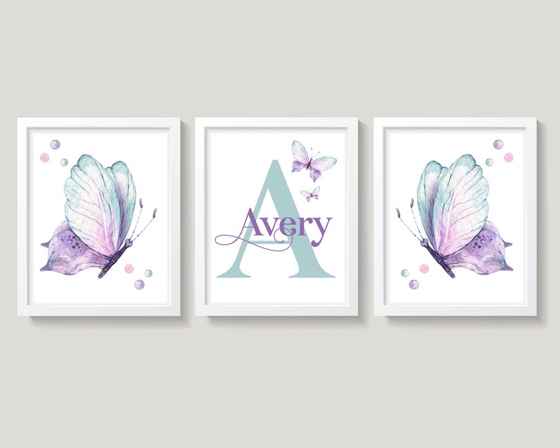 Butterfly Nursery Wall Art, Butterflies Nursery Wall Decor, Purple and Mint Nursery, Baby Girl Nursery Wall Decor, Baby Name Wall Art image 1