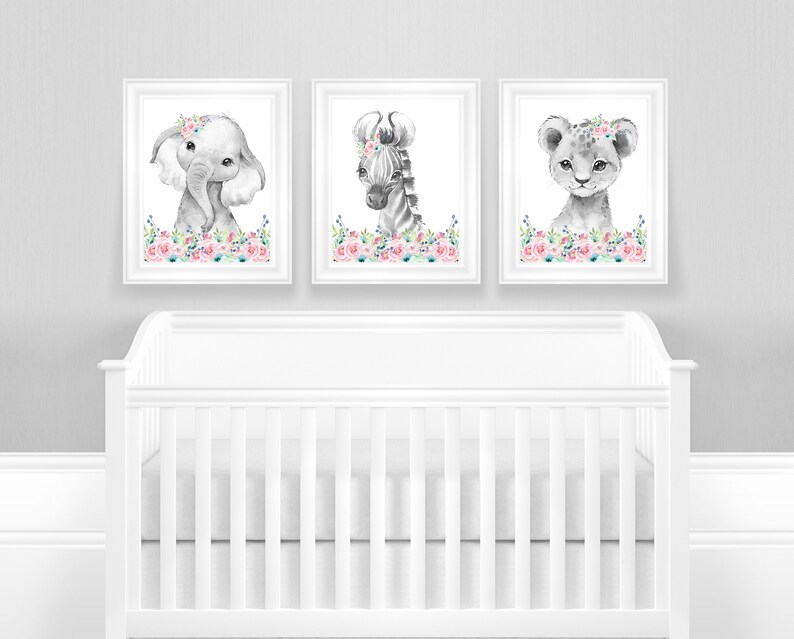 Baby Girl Safari Animals Nursery Wall Decor Elephant Zebra Etsy