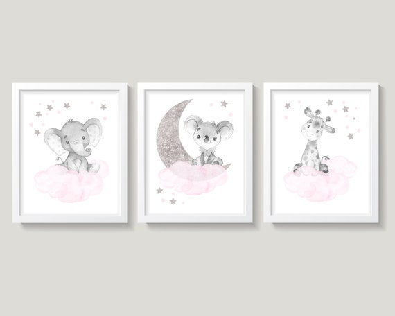 Safari Animals Nursery Wall Decor, Elephant Giraffe Koala, Baby Girl Animals Nursery Decor, Pink Silver Gray Nursery Art, Moon and Stars
