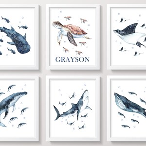 Sea Animals Nursery Art, Ocean Nursery Wall Decor, Nautical Nursery Decor, Boy Nursery Art, Whale Art, Shark Art Prints, Personalized Name