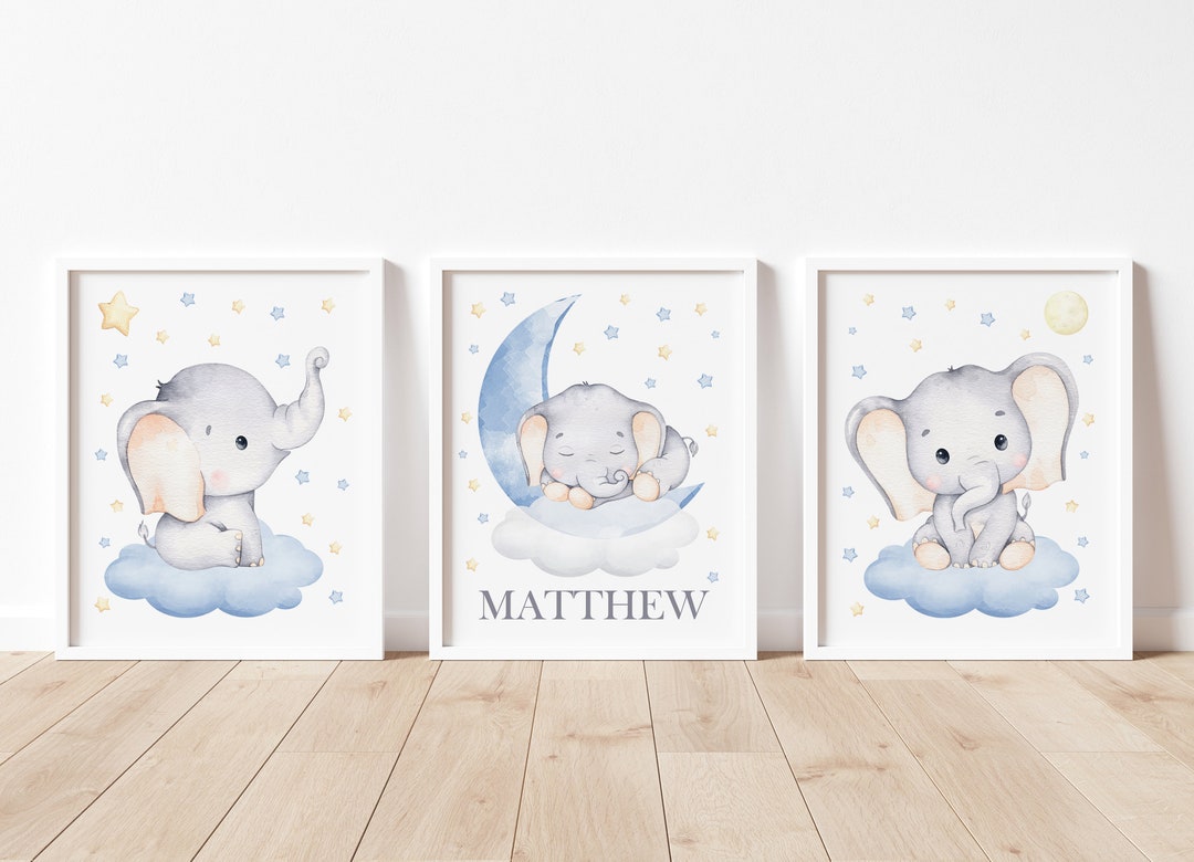 Elephant Nursery Wall Decor, Elephant Art Prints, Moon and Stars