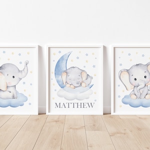Elephant Nursery Wall Decor, Elephant Art Prints, Moon and Stars Nursery Art, Navy Blue Baby Boy Nursery, Safari Animals Art, Baby Name Art