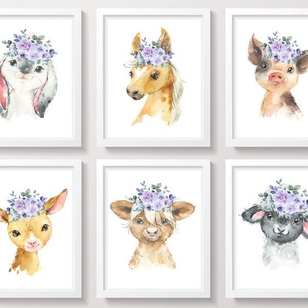 Farm Animals Nursery Wall Decor, Farm Animals Wall Art,Baby Girl Nursery Decor, Boho Farm Animals, Purple Floral Boho, Nursery Art Prints