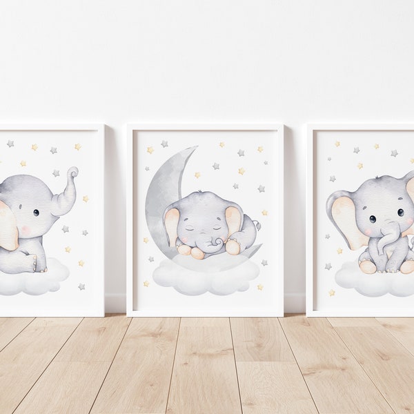 Elephant Nursery Wall Decor, Moon and Stars Nursery Art, Gender Neutral Nursery Art, Safari Animals Art Prints, Baby Boy Nursery Decor