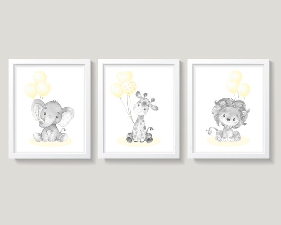 Gender Neutral Nursery Wall Decor, Safari Animals Wall Art, Elephant With Balloons Nursery Decor, Giraffe Lion, Yellow Gray Nursery Decor