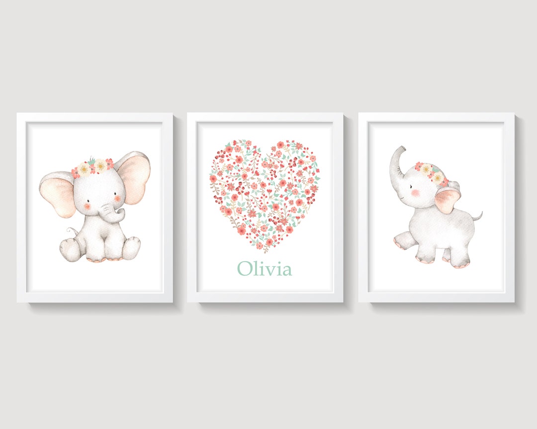 Set of Baby Elephant Personalized Nursery Wall Decor, Mint and