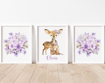 Decoración de pared para guardería con ciervos, impresiones artísticas para guardería con ciervos, decoración para guardería de niña, arte floral morado para guardería, arte de animales del bosque, nombre personalizado
