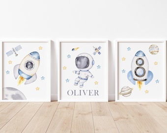 Outer Space Boy Nursery Art, Astronaut Wall Decor, Blue Nursery Decor, Outer Space Themed Nursery, Baby Name Art Prints, Rockets and Planets