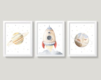 Outer Space Boy's Room Decor, Space Rockets Planets Stars, Neutral Nursery, Outer Space Nursery Wall Decor, Baby Boy Space Themed Nursery
