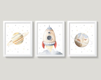 Outer Space Boy&#39;s Room Decor, Space Rockets Planets Stars, Neutral Nursery, Outer Space Nursery Wall Decor, Baby Boy Space Themed Nursery