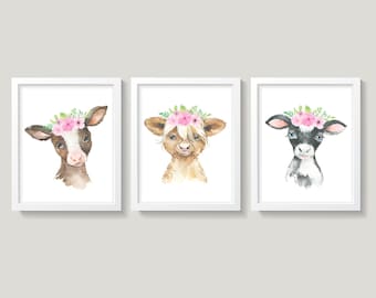Cows Nursery Wall Decor, Farm Animals Nursery Art, Boho Cow Decor, Baby Girl Nursery Decor, Cow Wall Art, Pink Floral Farm Animal Art Prints