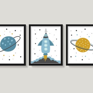 Outer Space Boy's Room Decor, Space Rockets Planets Stars, Yellow Blue Black, Outer Space Nursery Wall Decor, Baby Boy Space Themed Nursery