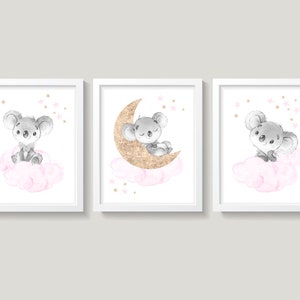 Koala Nursery Wall Decor, Pink Gray Gold Nursery Decor, Moon and Stars Nursery Art, Cloud and Stars Nursery, Baby Girl Koala Bear Nursery