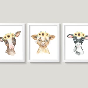Cows Nursery Wall Decor, Farm Animals Nursery Art, Floral Boho Cows Nursery Decor, Baby Girl Nursery Decor, Yellow Sunflowers Wall Art