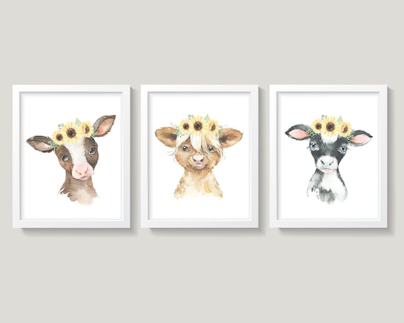 Cows Nursery Wall Decor, Farm Animals Nursery Art, Floral Boho Cows Nursery Decor, Baby Girl Nursery Decor, Yellow Sunflowers Wall Art