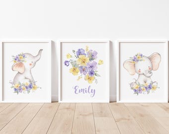 Elephant Nursery Wall Decor, Elephant Nursery Art, Girl Nursery Decor, Purple and Yellow Floral Nursery Art,  Personalized Name Art Prints