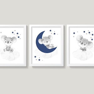 Koala Nursery Wall Decor, Navy Blue and Gray Nursery Decor, Moon and Stars Nursery Art, Cloud and Stars Nursery, Baby Boy Koala Bear Nursery