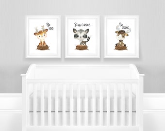 Boy Forest Animals Wall Decor, Woodland Animals Nursery Art, Deer Moose Raccoon Art, Baby Boy Nursery Decor, Set of 3 Animal Nursery Prints