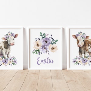 Cow Nursery Art, Cow Nursery Wall Decor, Baby Girl Nursery Decor, Purple Floral Nursery Decor, Farm Animal Art Print, Personalized Baby Name