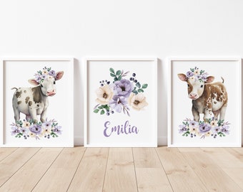 Cow Nursery Art, Cow Nursery Wall Decor, Baby Girl Nursery Decor, Purple Floral Nursery Decor, Farm Animal Art Print, Personalized Baby Name