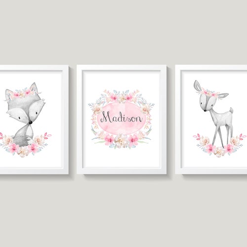 Pink Girl Fox Nursery Decor Baby Girl Woodland Nursery Art Etsy