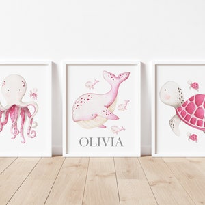 Sea Animals Nursery Art, Ocean Nursery Wall Decor, Pink Nursery Decor, Girl Nursery Decor, Whale Art, Sea Turtle Art, Baby Name Art Prints