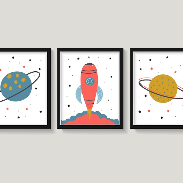Outer Space Boy's Room Decor, Space Rockets Planets Stars, Yellow Blue Red, Outer Space Nursery Wall Decor, Baby Boy Space Themed Nursery